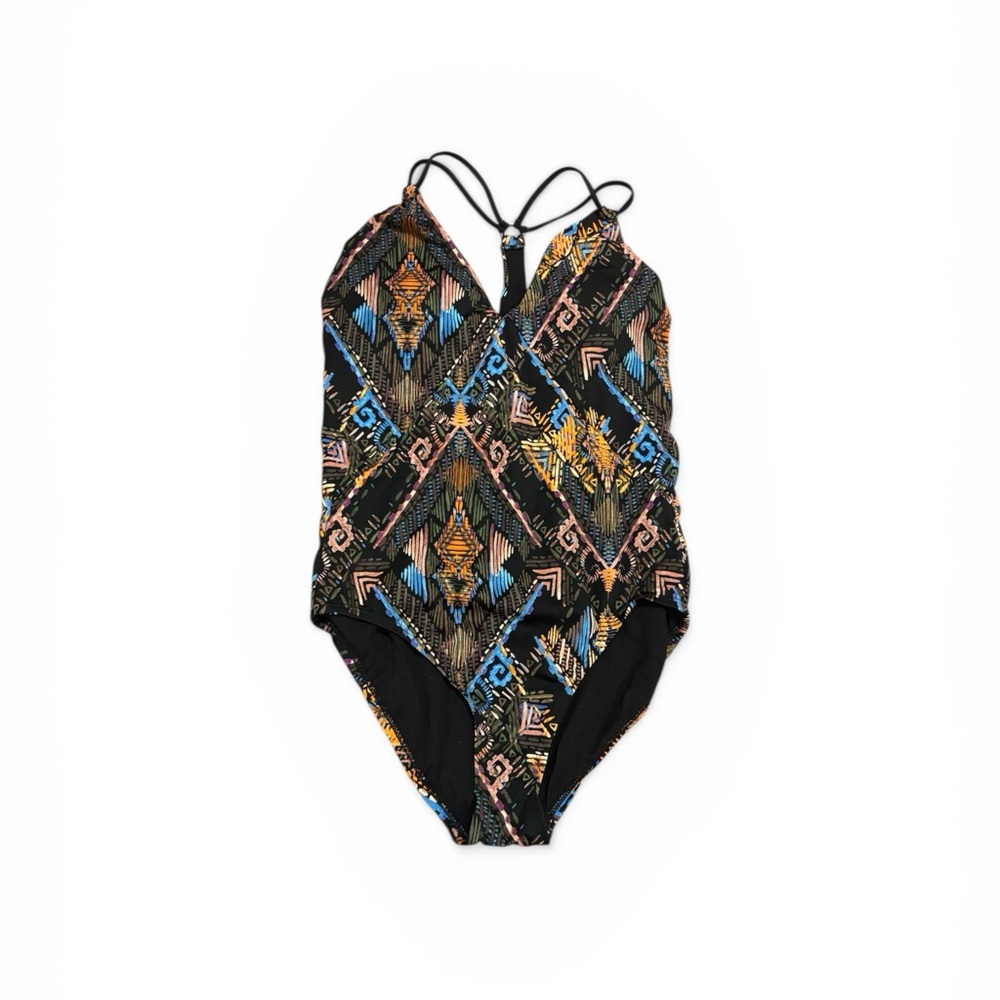 Women’s L (12-14) Geometric Print Halter Swim Top-Black with Blue & Gold Accents